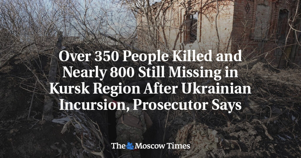 Более 350 человек погибло и около 800 числятся пропавшими без вести в Курской области после вторжения Украины, сообщает прокурор. Более 350 человек погибло и около 800 числятся пропавшими без вести в Курской области после вторжения Украины, сообщает прокурор.