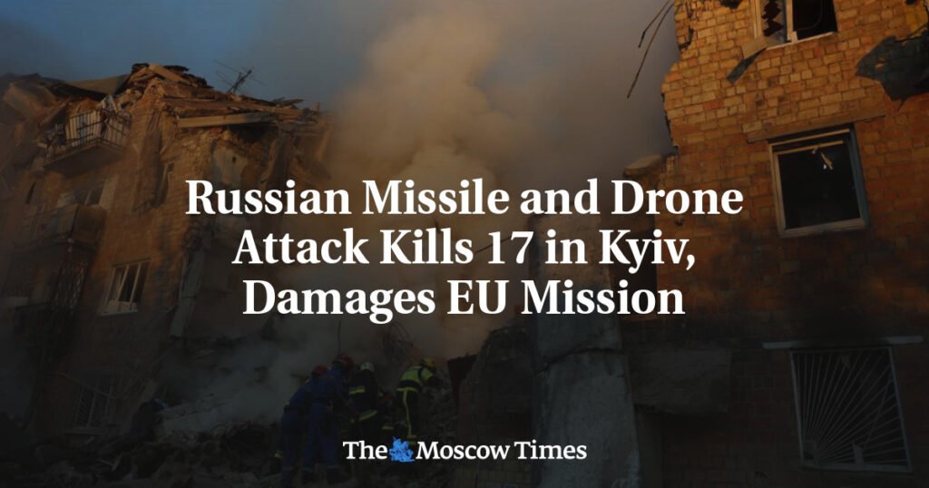 Российская missile и дроновая атака убила 17 человек в Киеве и повредила миссию ЕС.