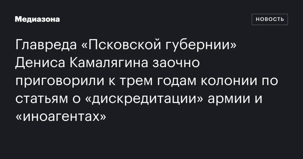 Дениса Камалягина из «Псковской губернии» заочно осудили на три года колонии по обвинениям в «дискредитации» армии и «иноагентстве». Дениса Камалягина из «Псковской губернии» заочно осудили на три года колонии по обвинениям в «дискредитации» армии и «иноагентстве».
