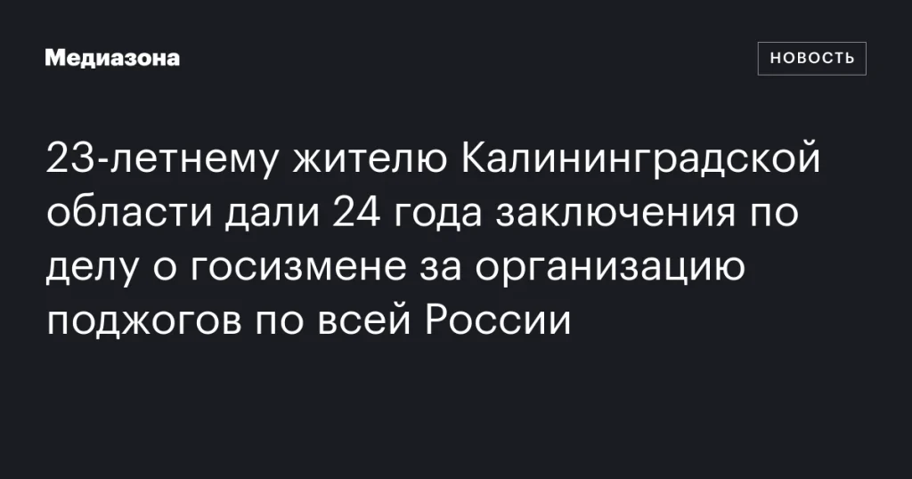 23-летнего калининградца приговорили к 24 годам тюрьмы за госизмену из-за организации поджогов по России