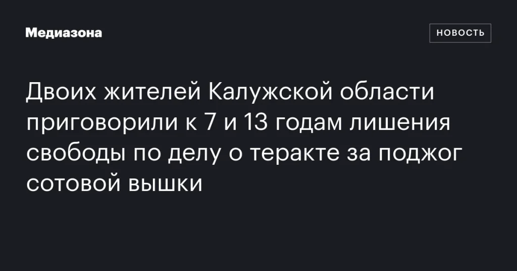 Двое жителей Калужской области получили 7 и 13 лет тюрьмы за поджог сотовой вышки