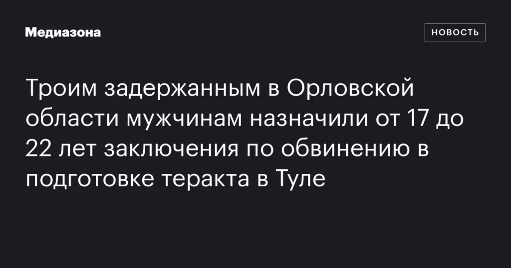Троим задержанным в Орловской области мужчинам дали от 17 до 22 лет за подготовку теракта в Туле