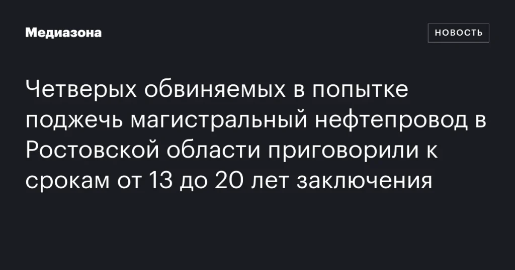 Четверо осуждены на сроки от 13 до 20 лет за попытку поджога нефтепровода в Ростовской области