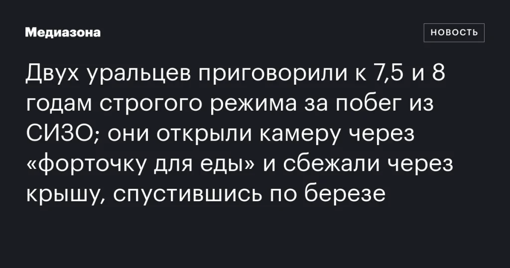 Двое уральцев получили 7,5 и 8 лет строгого режима за побег из СИЗО через «форточку для еды» и крышу