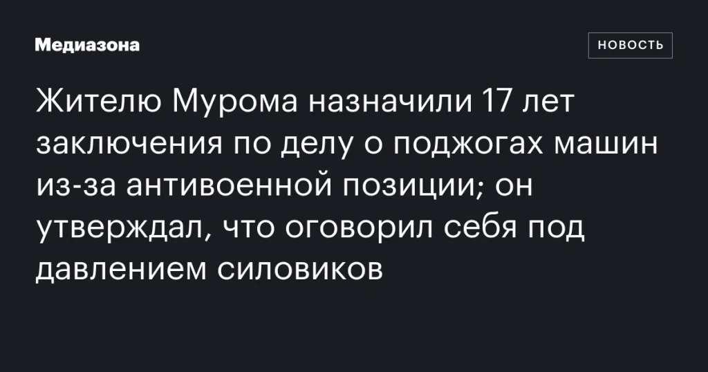Жителю Мурома дали 17 лет тюрьмы за поджоги машин из-за антивоенной позиции; он заявил о давлении силовиков