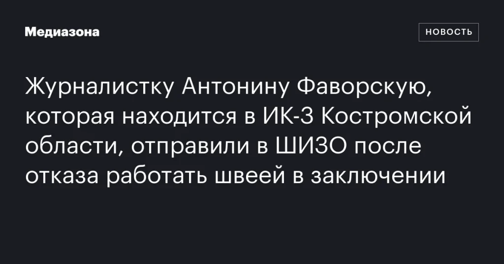 Журналистку Антонину Фаворскую отправили в ШИЗО в ИК-3 Костромской области за отказ работать швеей